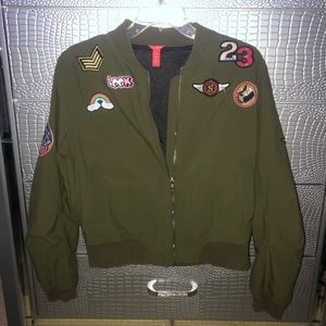 olive green bomber jacket with patches